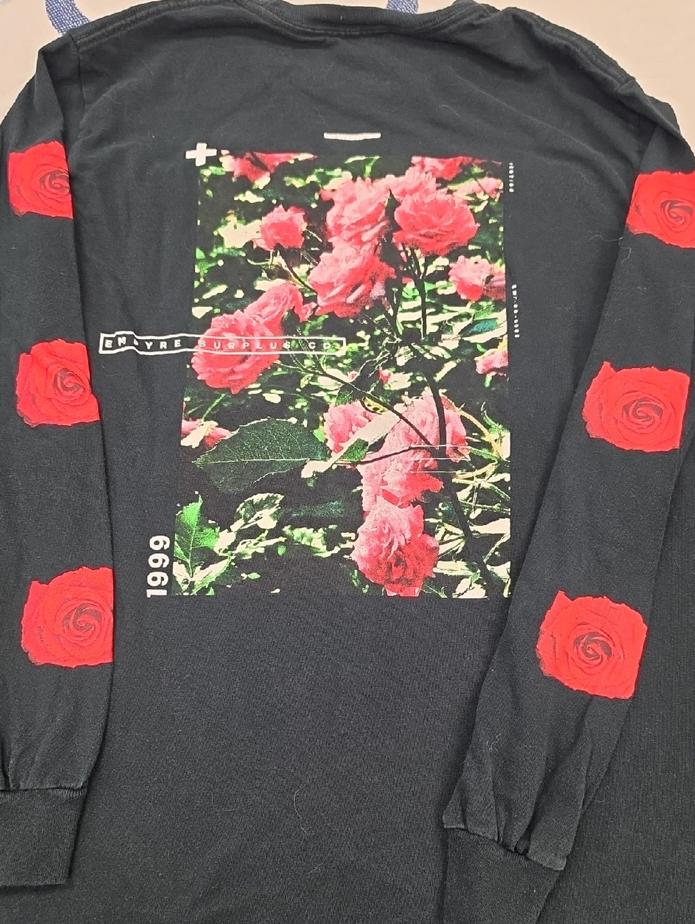 Empyre Black Long Sleeve Tee with Pink Rose Photo and Red Sleeve Roses Small
